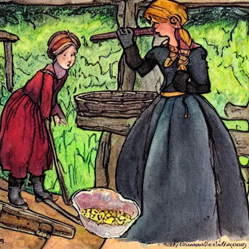 Image similar to the blacksmits’ daughter, working in the forge, fantasy art in the style of Elsa Beskow,