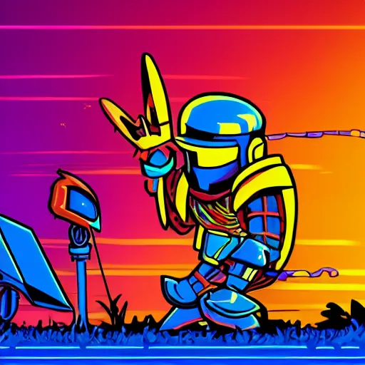 Image similar to shovel knight as daft punk, Aaron Campbell behance, synthwave background,4k, colorful, digital art