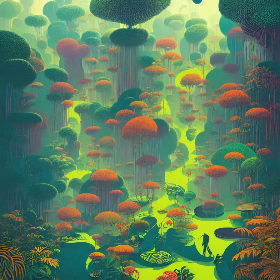 Prompt: surreal glimpse, malaysia jungle, sunny day, very coherent and colorful high contrast pastel art by gediminas pranckevicius james gilleard james gurney floralpunk screen printing woodblock, dark shadows, hard lighting, stippling dots, art nouveau