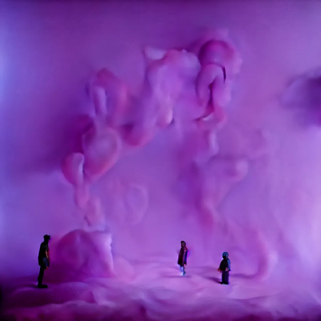 Prompt: cinestill of a giant form made of purple wax float through the living room and purple foam fog film still from the movie directed by david lynch with art direction, 8 k, hd, high resolution, blur, depth field 3 5 mm, f / 3 2, ultra realistic faces, lost highway