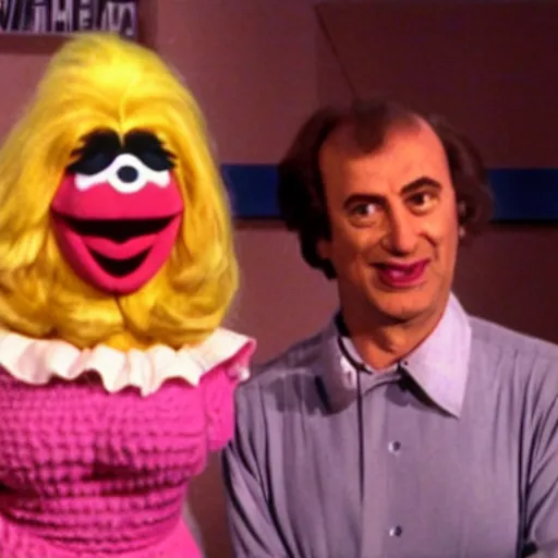 Image similar to 1983 happy woman on a talk show show with a long prosthetic snout nose, big nostrils, wearing a dress, 1983 French film color archival footage color film 16mm Fellini Almodovar John Waters Russ Meyer Muppet Show