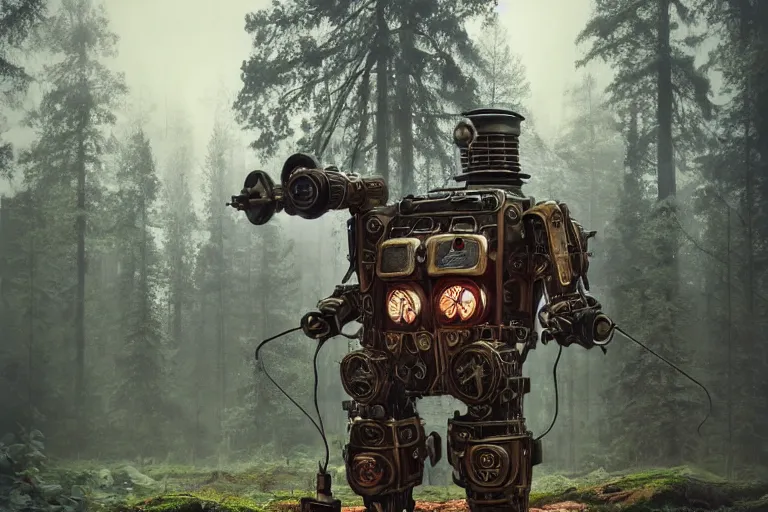 Image similar to steampunk mech standing in a swedish forest, very low angle photograph, very detailed, trending on artstation, realistic, soft colors, simon stålenhag