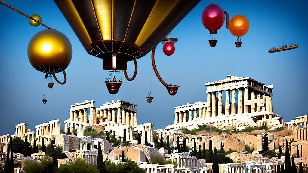 Prompt: large colorful futuristic space age metallic steampunk steam - powered balloons with pipework and electrical wiring around the outside, and people on rope swings underneath, flying high over the beautiful ancient athens acropolis landscape, professional photography, 8 0 mm telephoto lens, realistic, detailed, photorealistic, photojournalism