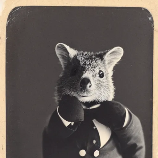 Prompt: a quokka wearing a tuxedo, antique black and white photograph