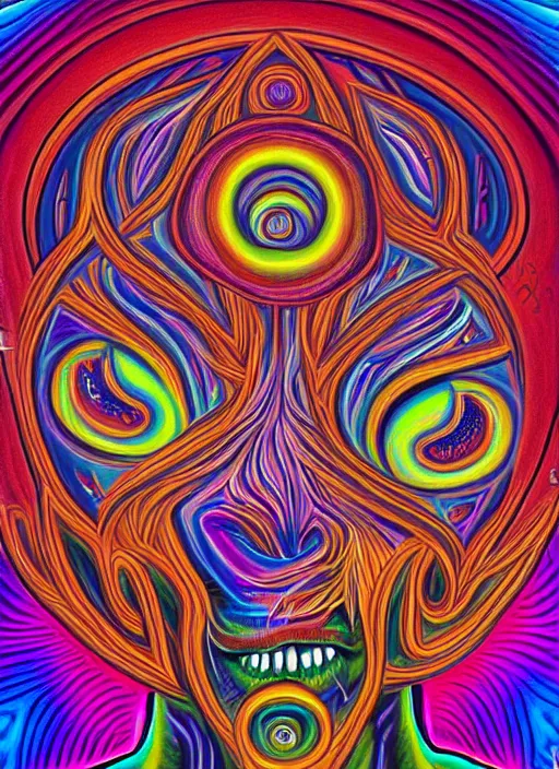 Prompt: A psychedelic portrait of a DMT demon, painting in the style of Alex Grey, vibrant color scheme, highly detailed, 4k resolution, sharp ages, ultra detailed