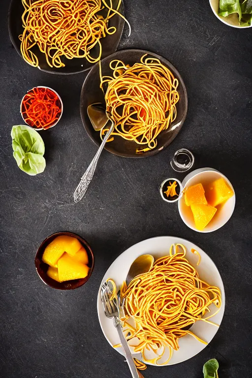 Prompt: food photography of cigarette spaghetti and mango