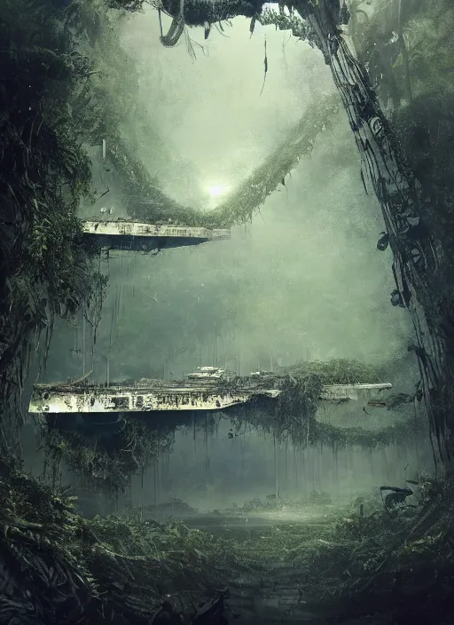 Image similar to decayed aircraft carrier Nimitz laying on the ground of a tropical forest overgrown with vegetation and hanging vines, post appocalyptic, by Luis Royo, by Greg Rutkowski, dark, gritty, intricate, cover illustration, concept art, volumetric lighting, volumetric atmosphere, sharp focus, octane render, trending on artstation, 8k