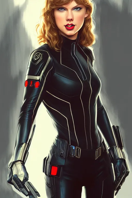 Prompt: taylor swift as black widow, realistic portrait, symmetrical, highly detailed, digital painting, artstation, concept art, smooth, sharp focus, illustration, cinematic lighting, art by artgerm and greg rutkowski and alphonse mucha