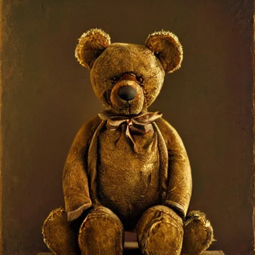 Prompt: an old teddy bear mended in the Kintsugi style, by Emil Melmoth, Mikhail Vrubel, Sebastian Pether, Abbondio Stazio, Luis Ricardo Falero , high detail, cinematic