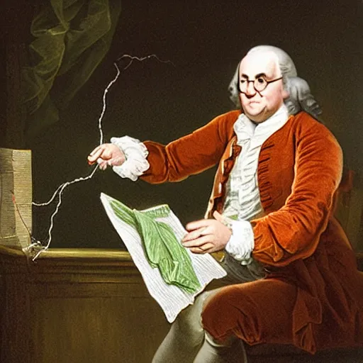 Image similar to benjamin franklin angrily throwing a string of led lights in the trash