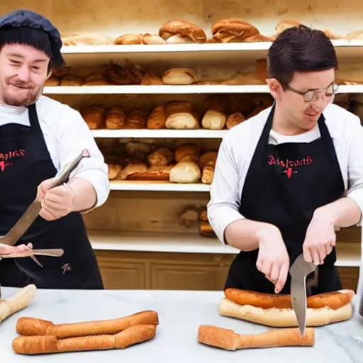 Image similar to two bakers pretending to use baguettes as swords in a small bakery by sanrio