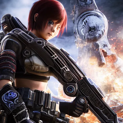 Image similar to anime girl in Gears of War, highly detailed, high quality, HD, 4k, 8k, Canon 300mm, professional photographer, 40mp, lifelike, top-rated, award winning, realistic, sharp, no blur, edited, corrected, trending