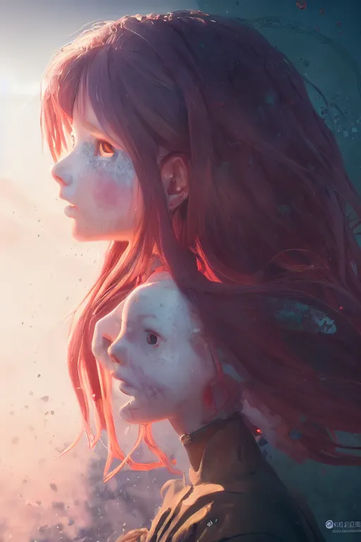 Prompt: highly detailed portrait of a young undead girl with a wavy vibrant red hair, grey coral clothes, blue eyes, cute freckles, cinematic lighting, rays of light, dramatic atmosphere, by Dustin Nguyen, Akihiko Yoshida, Greg Tocchini, Greg Rutkowski, Cliff Chiang, 4k resolution, nier:automata inspired, bravely default inspired, magical underwater background