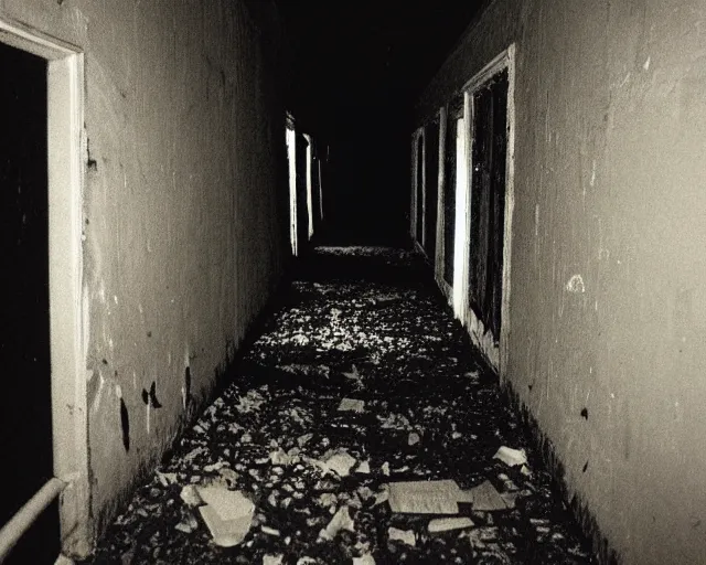 Prompt: dark abandoned hallway at night, bright eyes can be seen, letterboxing, widescreen, 40mm tape, technicolour film, grainy, horror, eyes!!!!!!