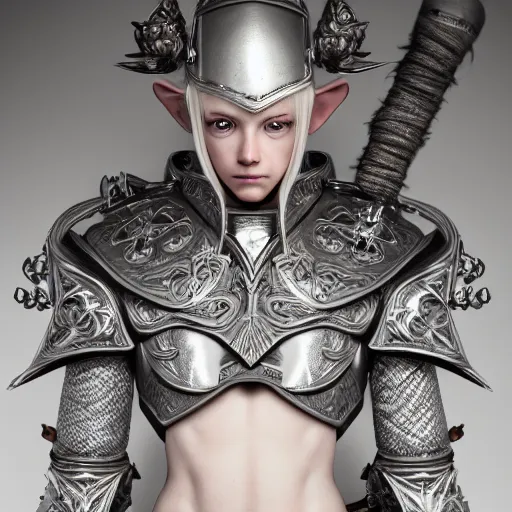 Image similar to studio portrait of albino snow elf archer in an ornate silver armour, handsome, elegant, ultrafine hyperrealistic detailed face illustration by kim jung gi, irakli nadar, intricate linework, sharp focus, bright colors, matte, octopath traveler, final fantasy, unreal engine highly rendered, global illumination, radiant light, intricate environment