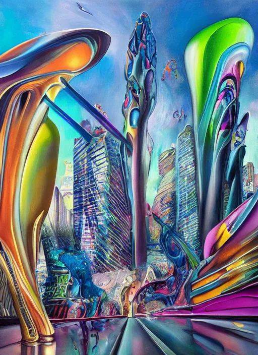 Image similar to an extremely high quality hd surrealism painting of a 3d galactic neon complimentary-colored cartoon surrealism melting optically illusiony high-contrast zaha hadid city street by kandsky and salvia dali the second, salvador dali's much much much much more talented painter cousin, clear shapes, 8k, realistic shading, ultra realistic, super realistic