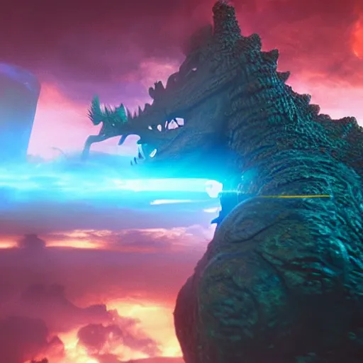 Prompt: nick clegg fighting godzilla, unreal engine, vfx, shaders, ray tracing, 3 d animation, sharp, vaporwave