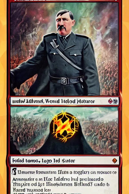 Image similar to a photo showing a magic the gathering card in it's full glory, depicting adolf hitler as a wizzard, 8 k, ultra realistic,