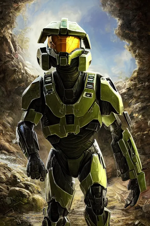 Prompt: master chief from halo picking up easter eggs, picking up easter eggs, oil on canvas, intricate, 8 k highly professionally detailed, hdr, cgsociety