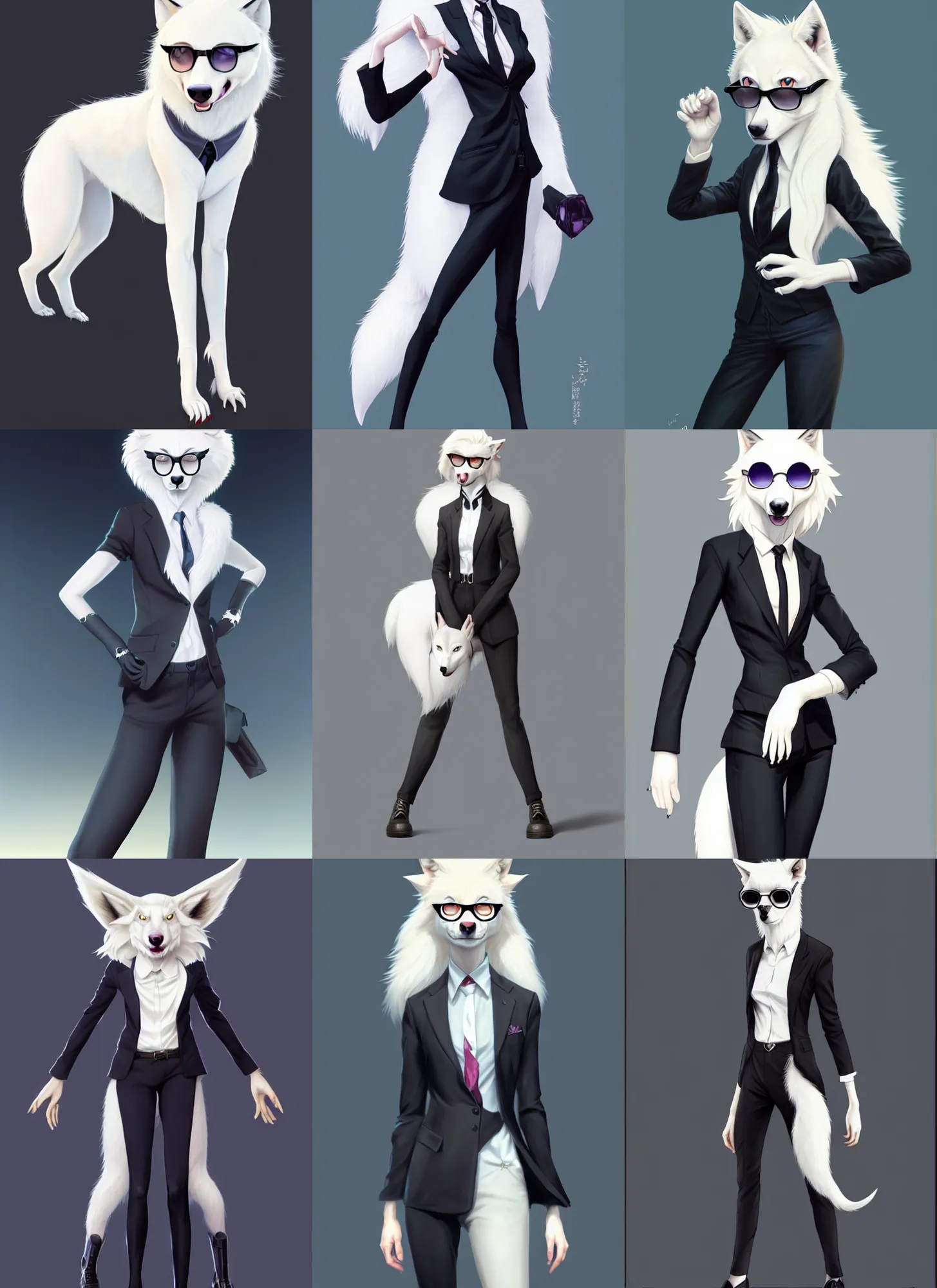 Prompt: full body portrait of a female anthropomorphic albino wolf fursona wearing a black suit and sunglasses. detailed character design by disney, charlie bowater, ross tran, artgerm, and makoto shinkai, detailed, soft lighting, rendered in octane