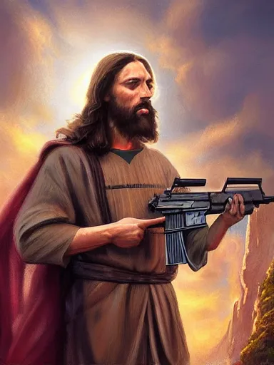 Prompt: jesus christ firing ak - 4 7. intricate, elegant, highly detailed, digital painting, artstation, concept art, sharp focus, illustration, by justin gerard and artgerm, 8 k