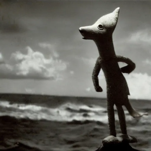 Image similar to anthropomorphic fox multi-jointed puppet who is a medieval knight standing steadfast towards a stormy ocean, 1930s film still