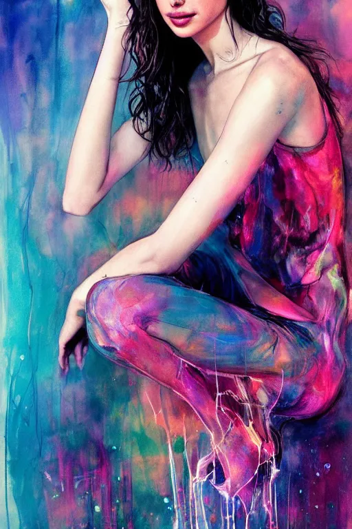 Image similar to gal gadot by agnes cecile enki bilal moebius, intricated details, sitting on a stool, full body portrait, extremely luminous bright design, pastel colours, drips, autumn lights