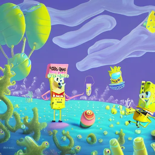 Prompt: spongebob squarepants under weed clouds, digital art, amazing detail, by Alexis Franklin Behance