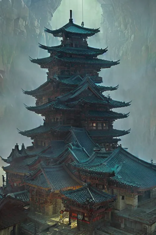 Prompt: cyberpunk Korean ancient castle, fantasy, painting by greg rutkowski and alphonse mucha