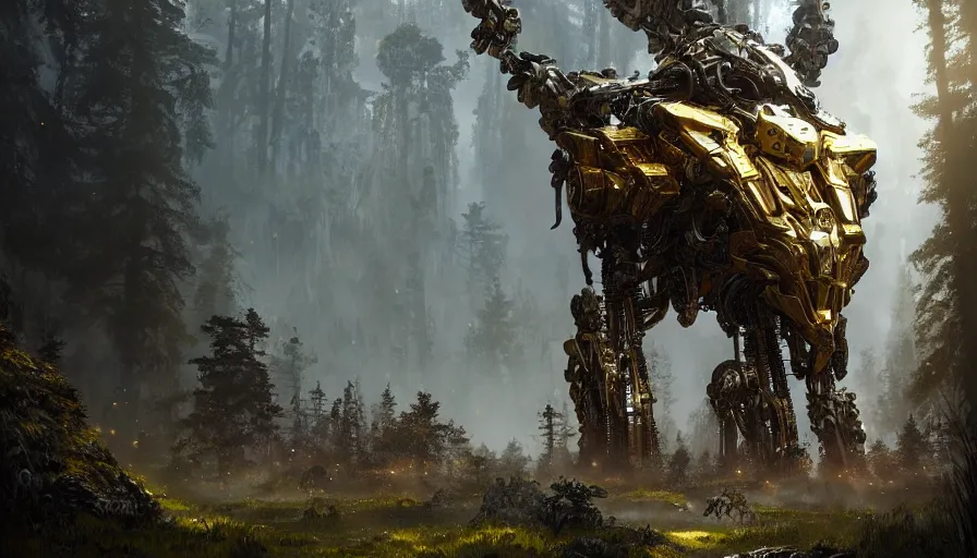 Prompt: large walking mech covered in gold and silver armor with elden ring and horizon zero dawn aesthetic, covered in moss and birds, glowing lights, beautiful forests and trees, intricate detail, epic wallpaper, art by darek zabrocki and John Park and Feng Zhu and Jason Chan, trending on artstation, masterpiece.