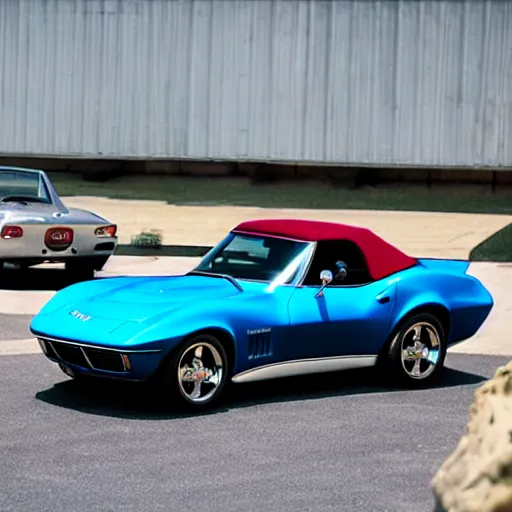 Image similar to a blue 1 9 6 9 corvette parked next to a 1 9 9 9 miata