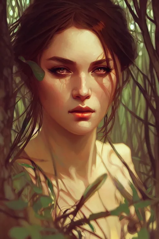 Image similar to a very beautiful savage girl, forest, fantasy, portrait, sharp focus, intricate, elegant, digital painting, artstation, matte, highly detailed, concept art, illustration, ambient lighting, art by ilya kuvshinov, artgerm, alphonse mucha, and greg rutkowski