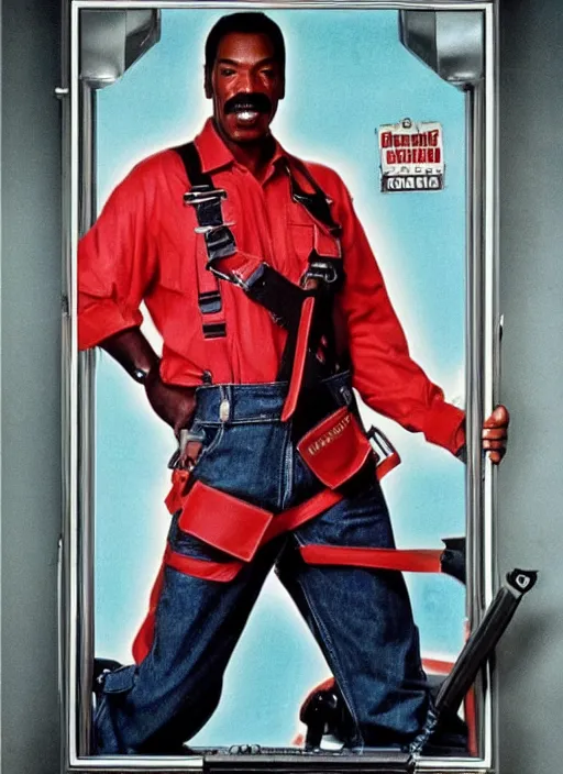 Image similar to an 8 0's john alvin action movie poster starring eddie murphy face as a plumber to rich people. bathroom. overalls. tool belt. the movie is called beverly hills crap