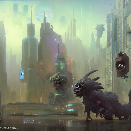 Image similar to crazy monsters, furry creatures, monster emotional monsters and creatures in the cyberpunk wrecked city, wrestling each other in the style of Johfra and Shaun Tan, By Ruan Jia and Artgerm and Range Murata and WLOP and Ross Tran and William-Adolphe Bouguereau and Beeple, Fantasy Illustration. octane render, award winning, Artstation, intricate details, realistic, Hyperdetailed, 8k resolution, deep rich colors.