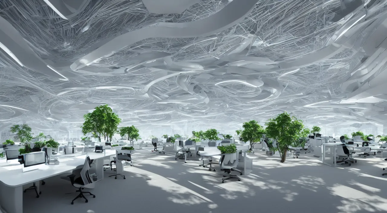 Image similar to futuristic open office with parks and plants, glowing computer screens, made with glossy white plastic and wood, large windows and voluminous light and light rays, extremely intricate, very detailed, in style of zaha hadid, artstation, octane render, cinematic lighting