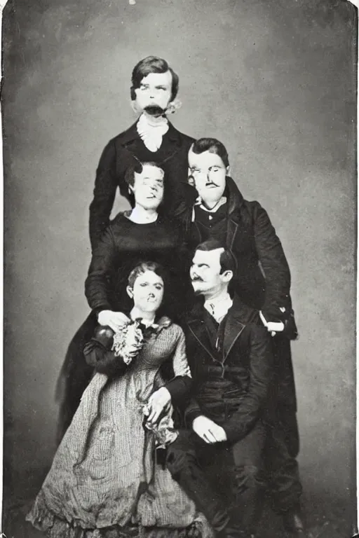 Prompt: mugwump family photo, 1 8 0 0 s, olan mills studio, creepy, scary, laughing, color, grotty, ugly, terrified