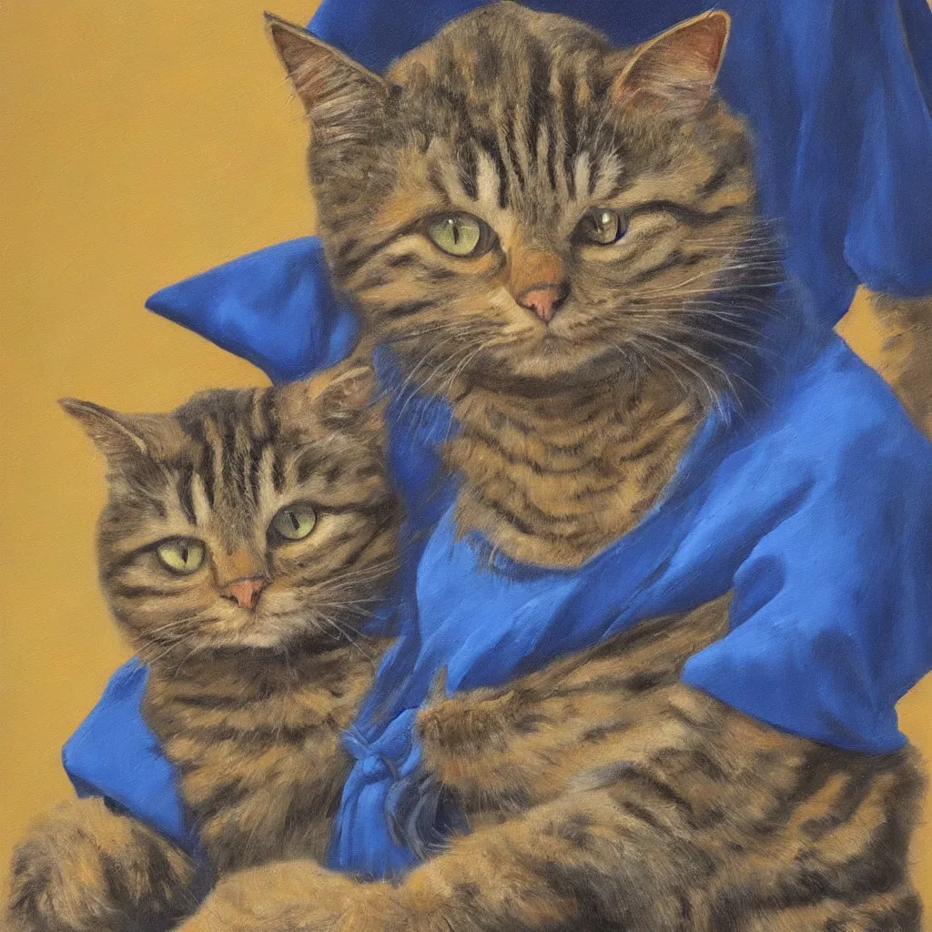 Image similar to oil painting portrait of a cat wizard wearing blue robes