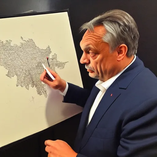 Image similar to viktor orban drawing a map, oil painting