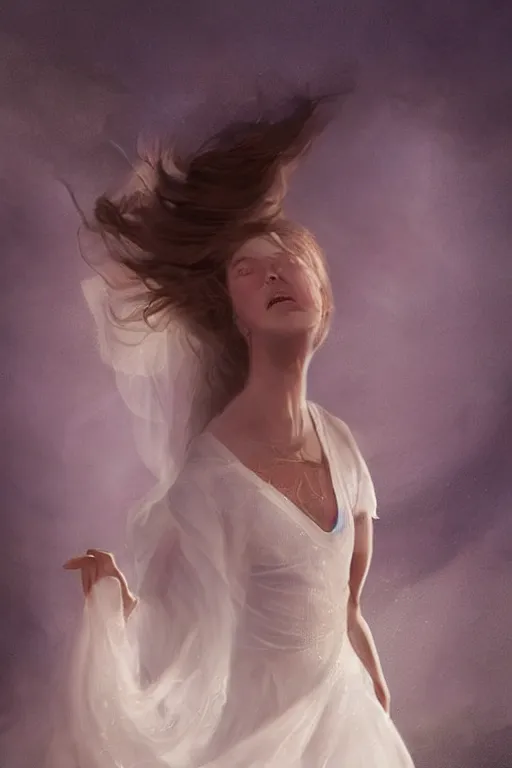 Prompt: little girl dancing in the wind, beautiful face, ethereal, bride, beautiful wedding dress, gorgeous, volumetric lighting, elegant, fluid, very very highly detailed, digital painting, concept art, illustration, limited color palette, atmosphere and tension, art by greg olsen and liz lemon swindle