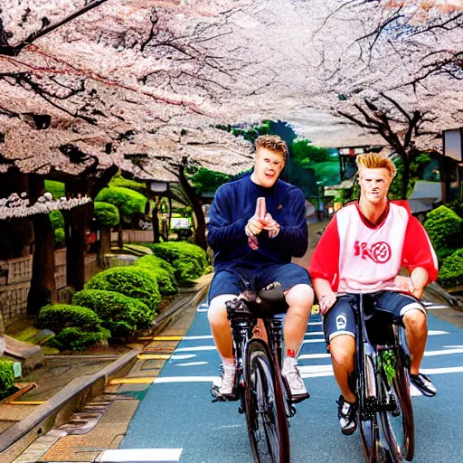 Image similar to ksi and jake paul are riding bikes together in japan through a beautiful street in japan filled with cherry blossoms, 8k, golden hour, highly detailed, award winning photo