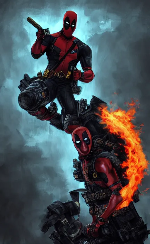 Image similar to deadpool as ghost rider, dynamic lighting, photorealistic fantasy concept art, trending on art station, stunning visuals, terrifying, creative, cinematic