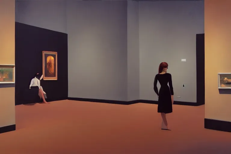 Image similar to a gorgeous woman with a black dress waiting inside a 9 0 s art gallery exhibition, colors americana, cinematic, volumetric lighting, ultra wide angle view, realistic, detailed painting in the style of edward hopper