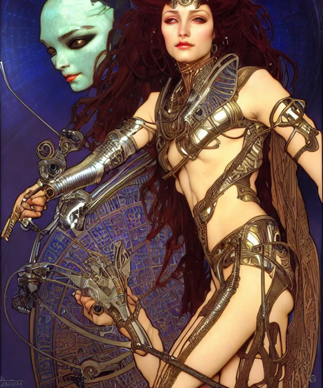 Prompt: realistic detailed face portrait of a beautiful futuristic egyptian warrior queen bast in alien cyberpunk armor by alphonse mucha, ayami kojima, amano, greg hildebrandt, and mark brooks, female, feminine, art nouveau, cyberpunk, stargate, neo - gothic, gothic, character concept design