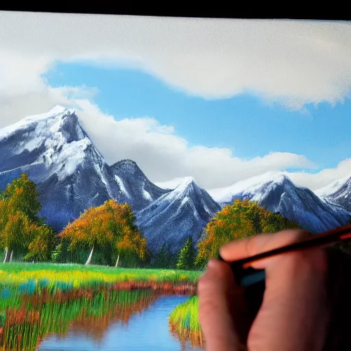 Image similar to a closeup photorealistic photograph of bob ross adding the finishing touches on a canvas painting of kenny powers. mountains and trees. film still. brightly lit scene. this 4 k hd image is trending on artstation, featured on behance, well - rendered, extra crisp, features intricate detail, epic composition and the style of unreal engine.