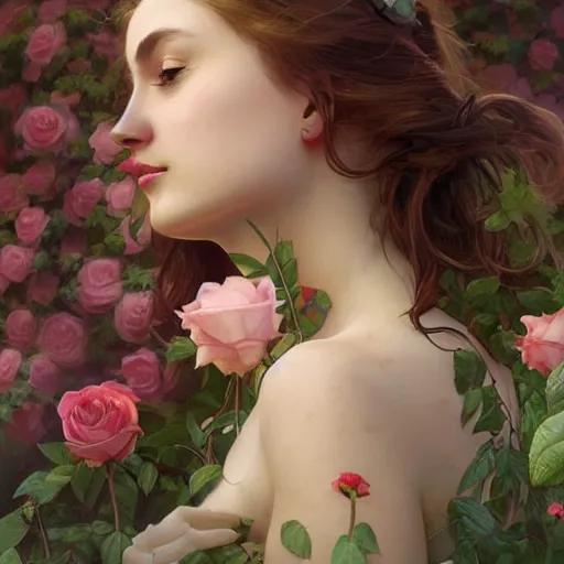 Image similar to woman smelling a flower, roses everywhere, highly detailed, digital painting, artstation, concept art, smooth, sharp focus, illustration, art by artgerm and greg rutkowski and alphonse mucha