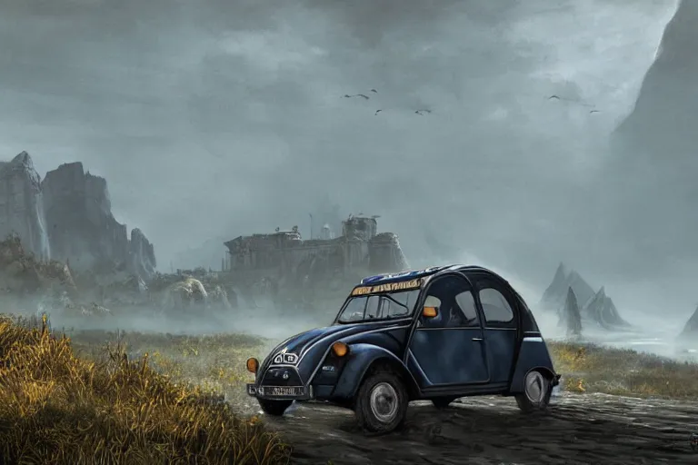 Image similar to offroad citroen 2 cv ( 1 9 6 5 ) of daedric design driving across the rift, daedric axe stored on the side of the car, leather and cloth traveller backpacks on roof, riften city in the background, epic fantasy, autumn, the elder scrolls v : skyrim, dramatic lighting, establishing shot, by simon stalenhag