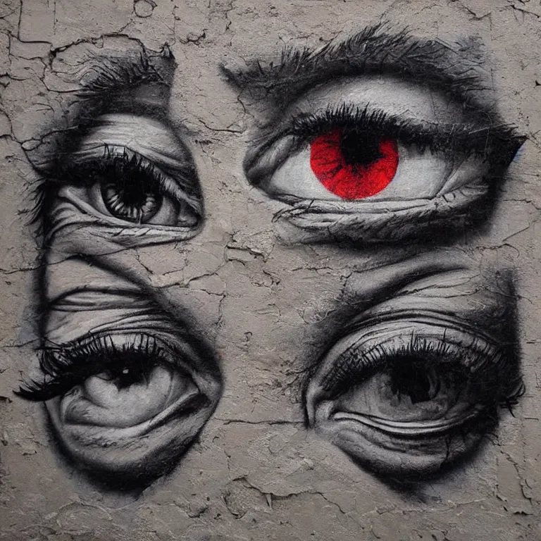 Image similar to Street-art painting of eyes in style of JR, photorealism