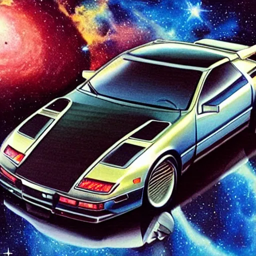 Image similar to futuristic Nissan 300zx, outer space backdrop, exquisitely painted, intricate detail, science and magic,