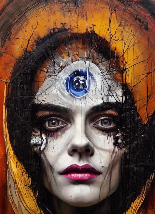 Image similar to cult magic psychic woman smiling, subjective consciousness psychedelic, epic surrealism expressionism symbolism story iconic, dark robed witch, oil painting, robe, symmetrical face, greek dark myth, by Sandra Chevrier, Nicola Samori, Jeff Legg masterpiece