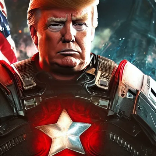 Image similar to portrait of donald trump as captain america in gears of war, splash art, maga, patriot, movie still, cinematic lighting, dramatic, glowing, ray tracing, octane render, long lens, shallow depth of field, bokeh, anamorphic lens flare, 8 k, hyper detailed, 3 5 mm film grain